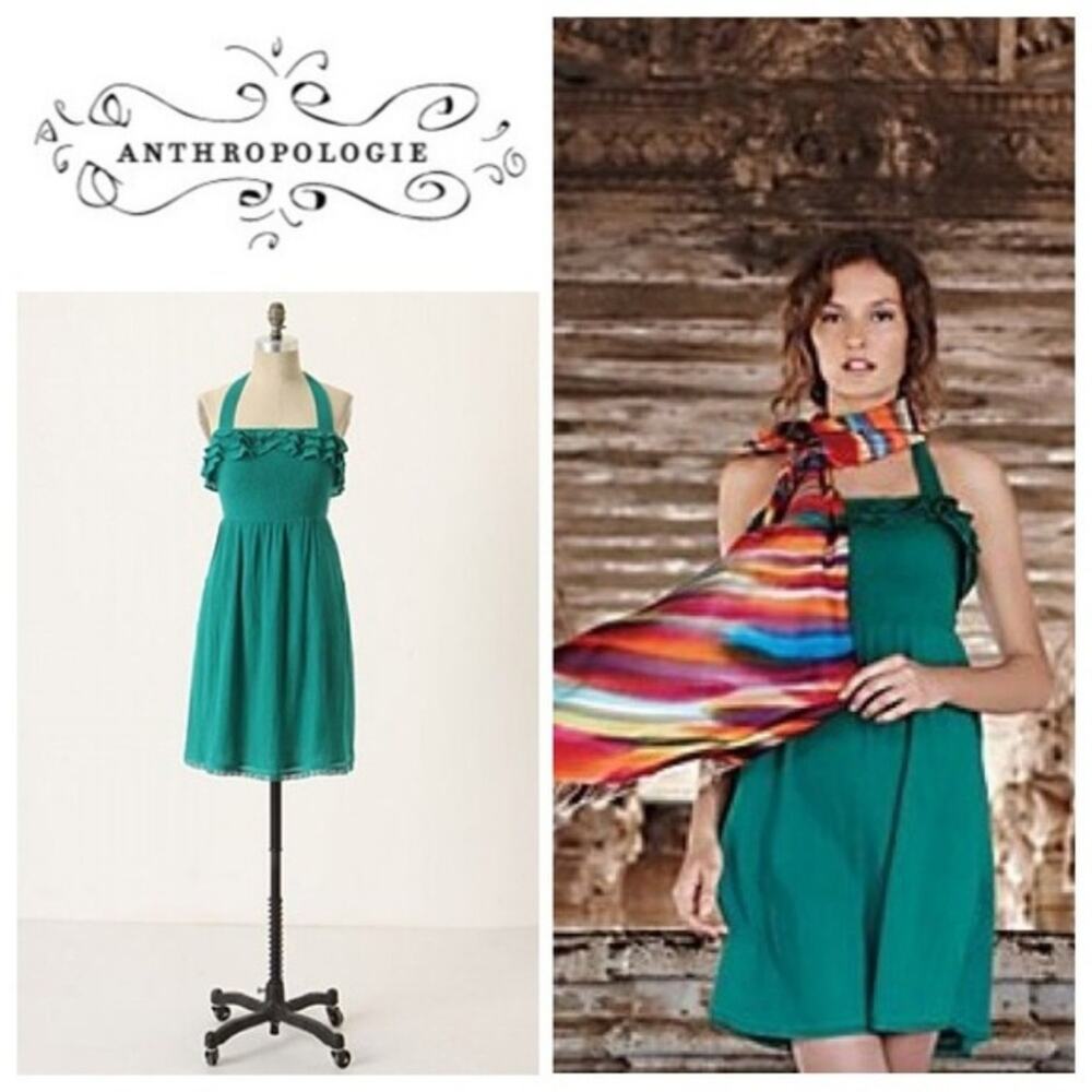 Maeve Anthropologie Teal Green Smockedโ Halter Ruffle Mini Dress Pockets XS